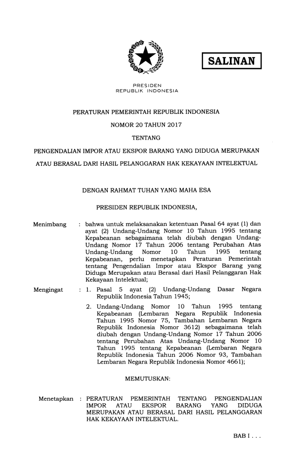 Peraturan Pemerintah Nomor 20 Tahun 2017