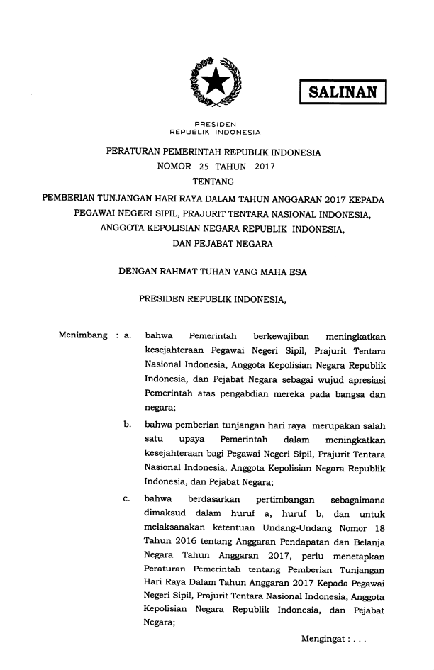 Peraturan Pemerintah Nomor 25 Tahun 2017