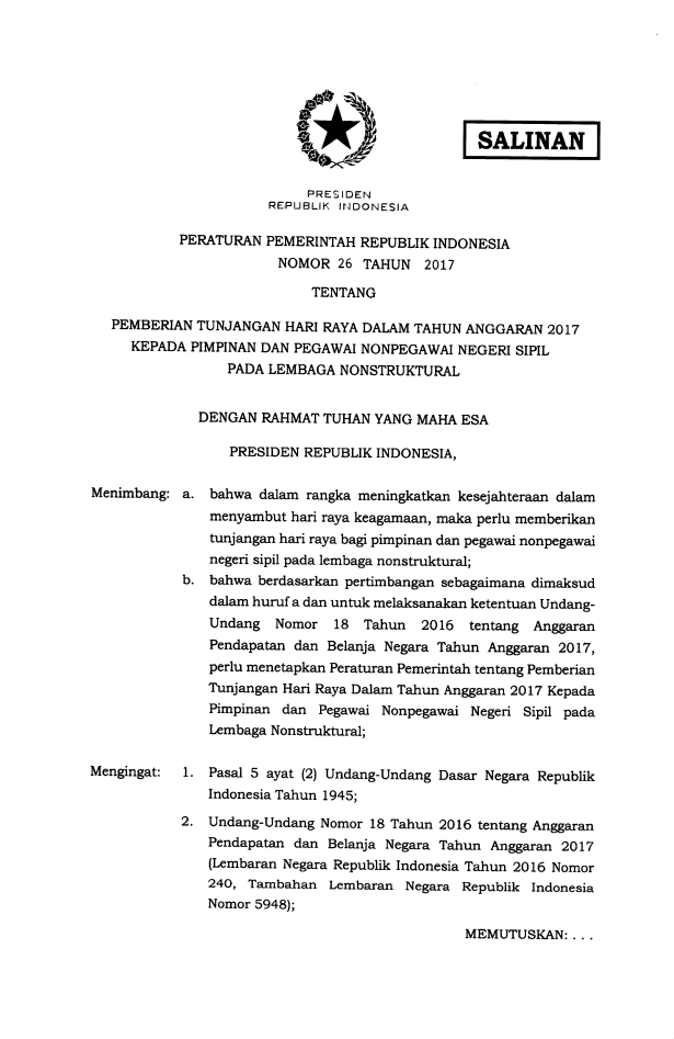 Peraturan Pemerintah Nomor 26 Tahun 2017