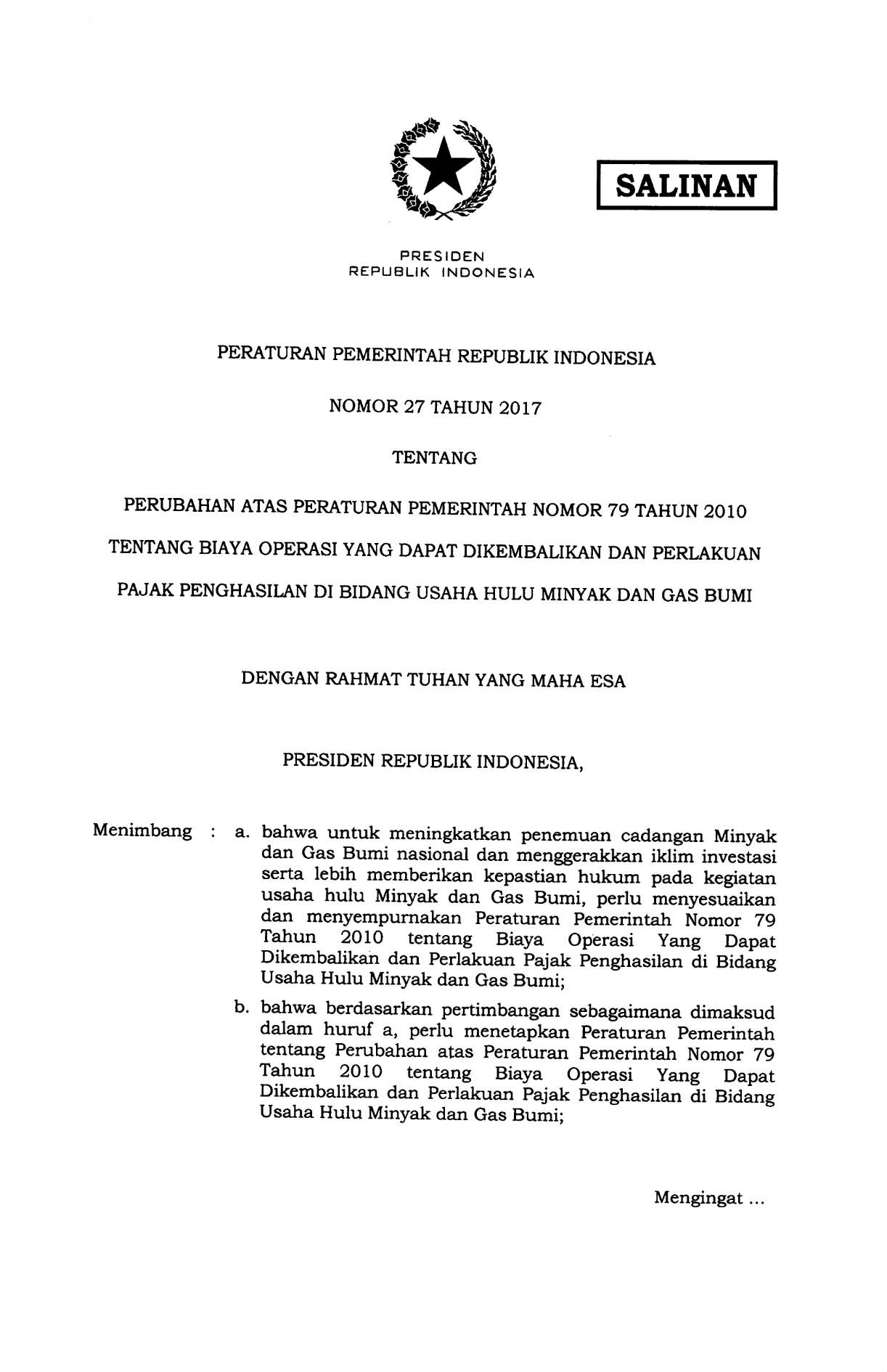 Peraturan Pemerintah Nomor 27 Tahun 2017