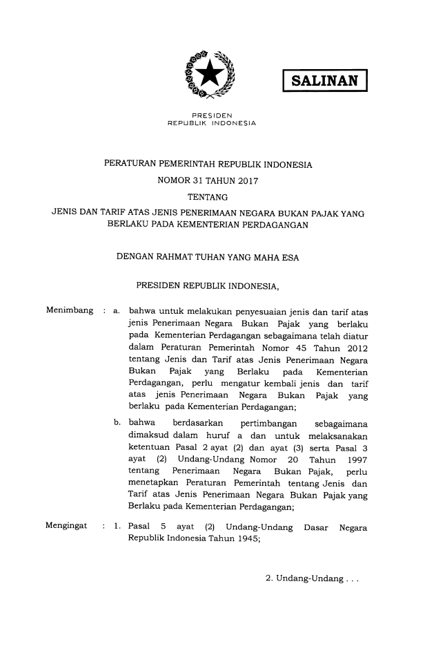 Peraturan Pemerintah Nomor 31 Tahun 2017