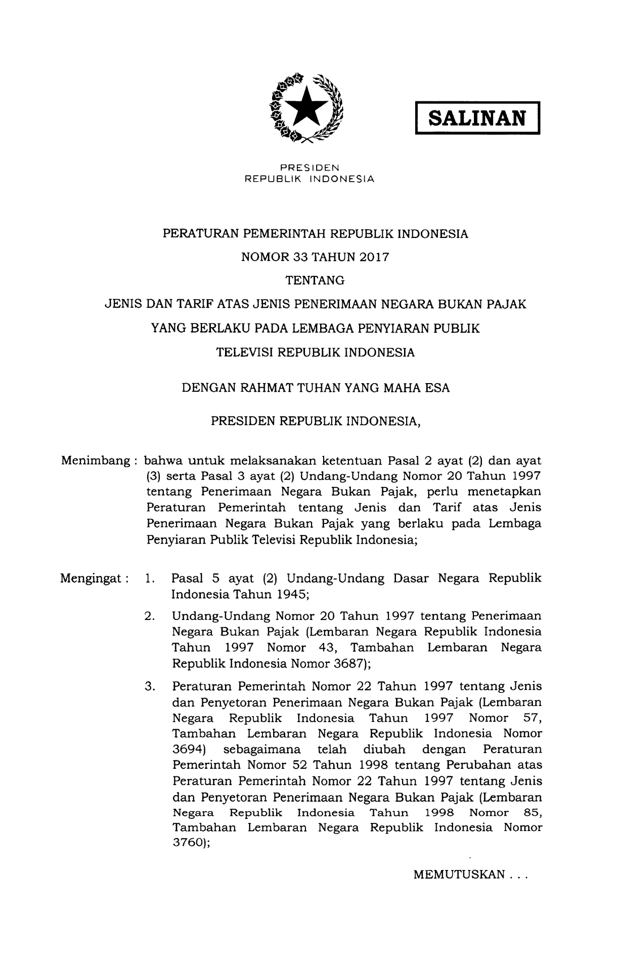 Peraturan Pemerintah Nomor 33 Tahun 2017