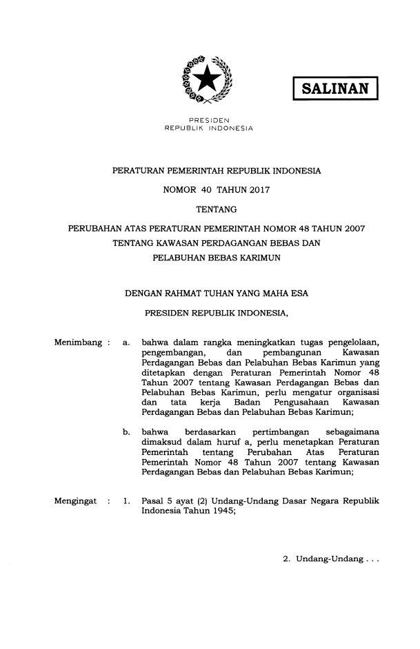 Peraturan Pemerintah Nomor 40 Tahun 2017