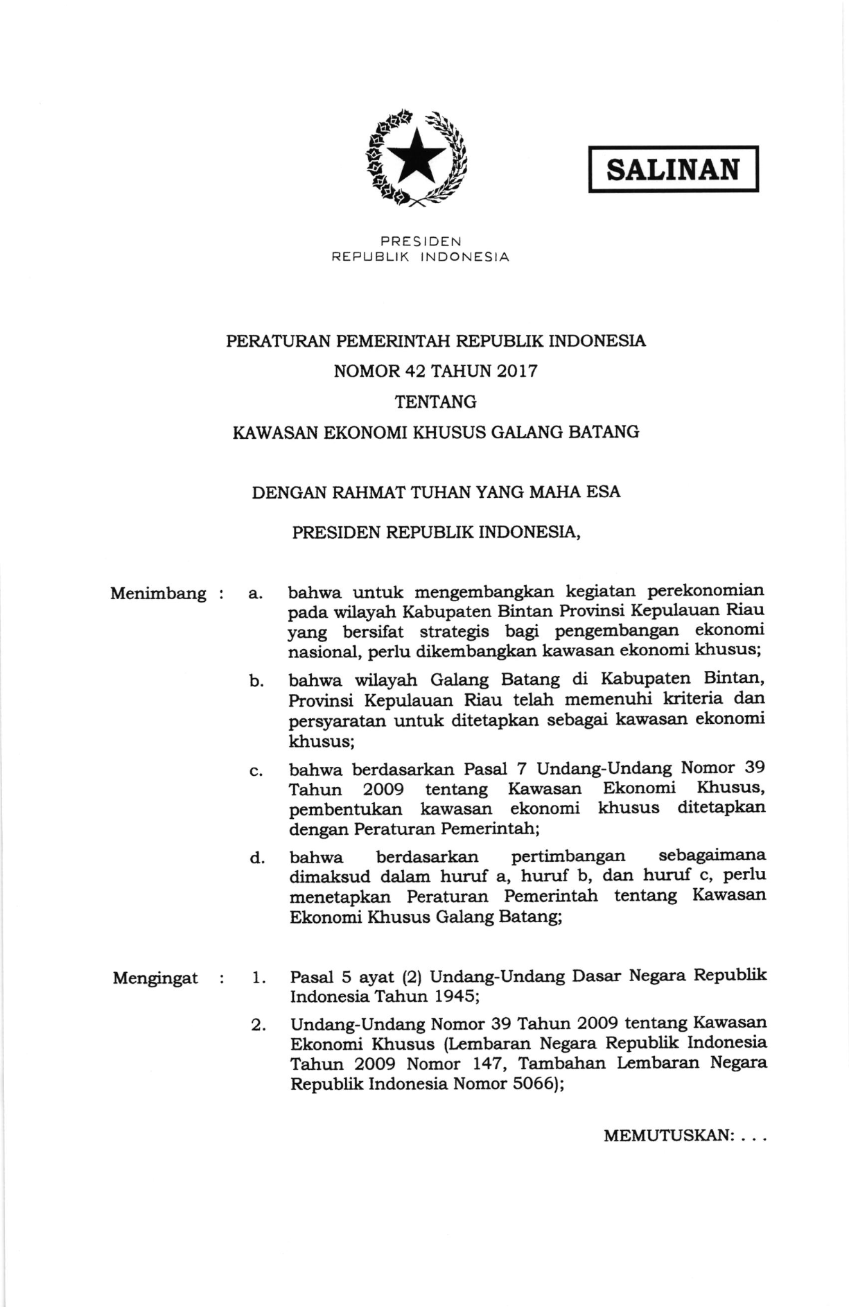 Peraturan Pemerintah Nomor 42 Tahun 2017