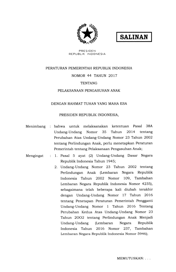 Peraturan Pemerintah Nomor 44 Tahun 2017