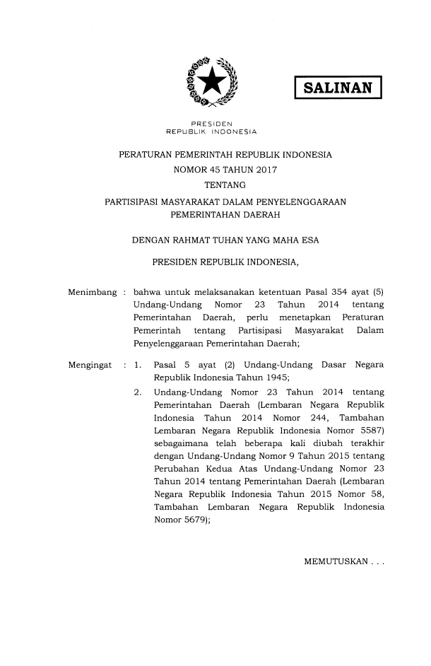 Peraturan Pemerintah Nomor 45 Tahun 2017