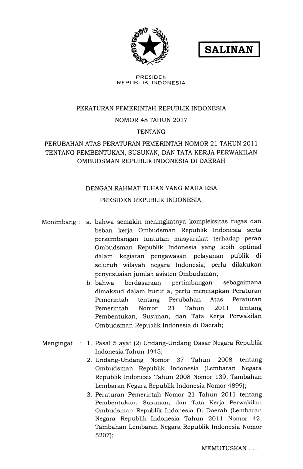 Peraturan Pemerintah Nomor 48 Tahun 2017