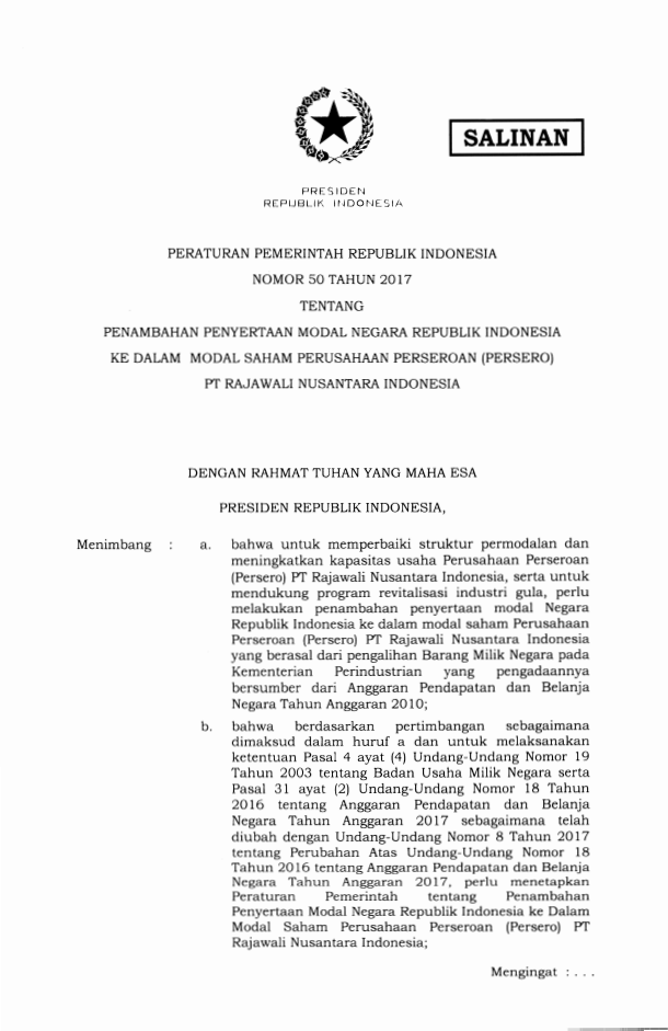 Peraturan Pemerintah Nomor 50 Tahun 2017