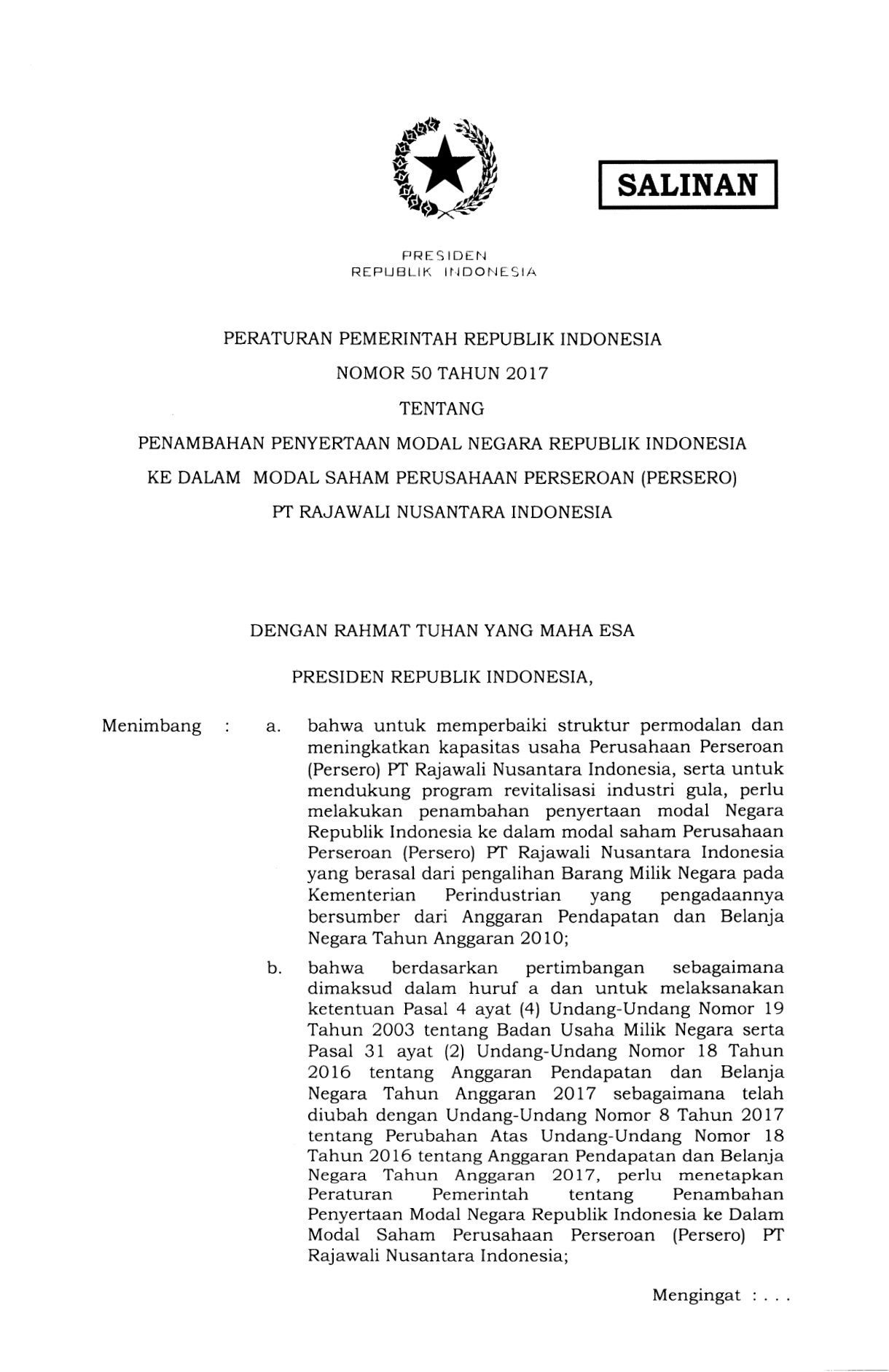 Peraturan Pemerintah Nomor 50 Tahun 2017