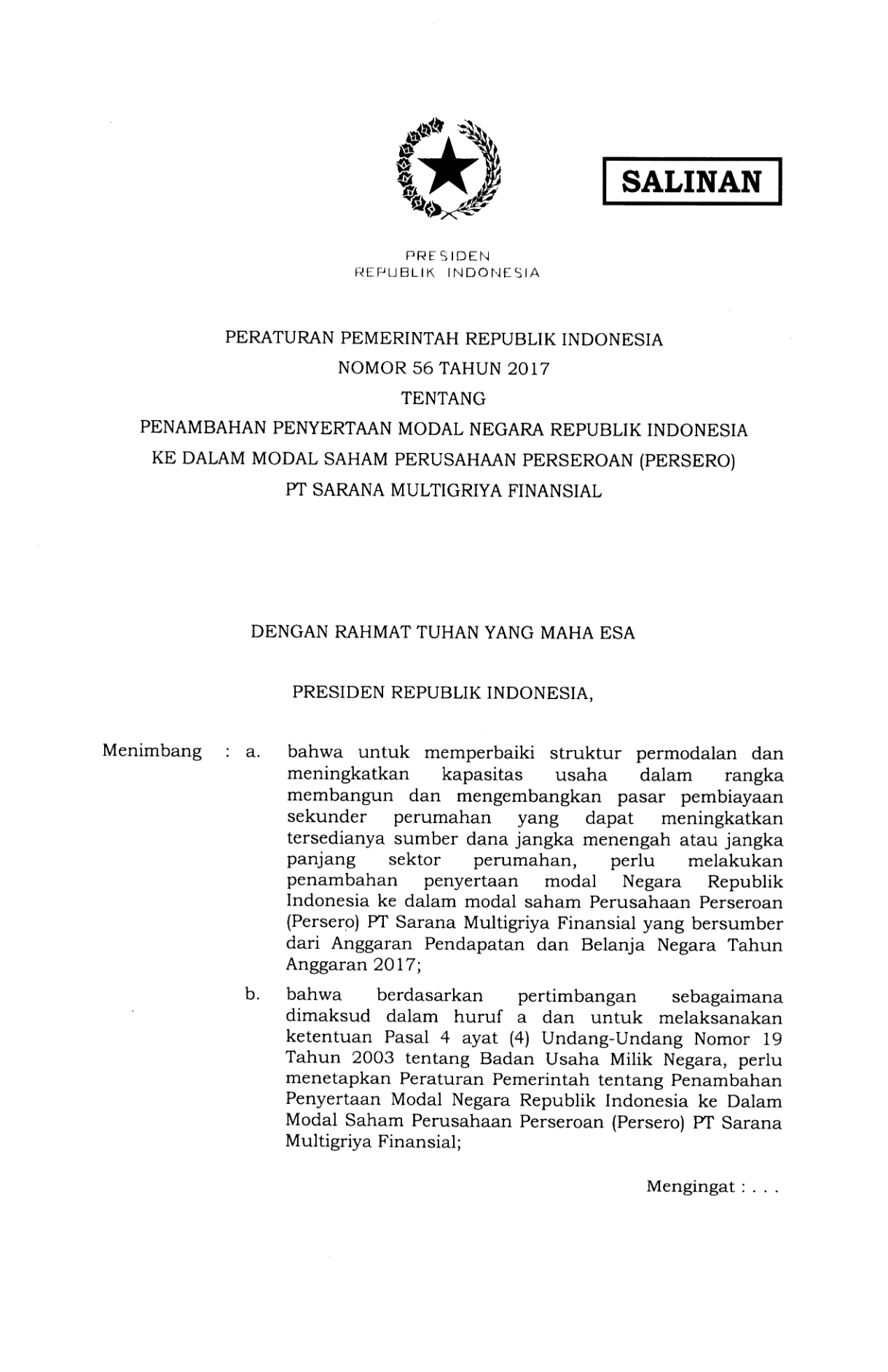 Peraturan Pemerintah Nomor 56 Tahun 2017