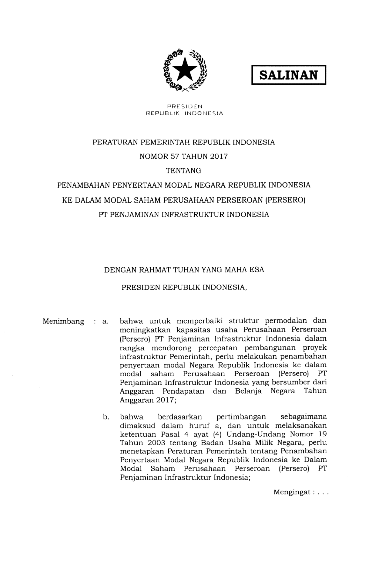 Peraturan Pemerintah Nomor 57 Tahun 2017
