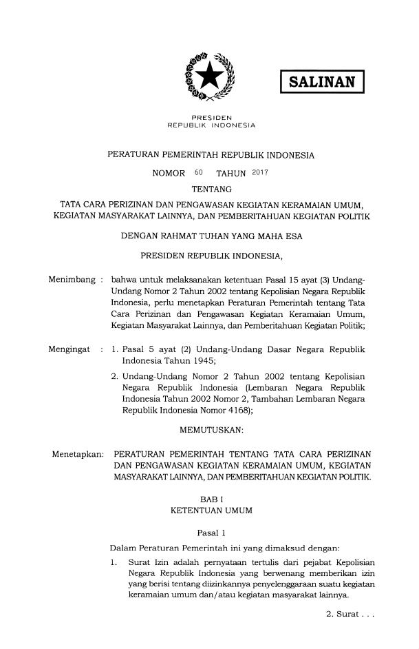 Peraturan Pemerintah Nomor 60 Tahun 2017