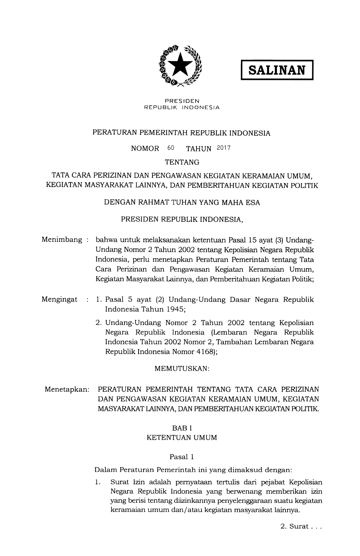 Peraturan Pemerintah Nomor 60 Tahun 2017