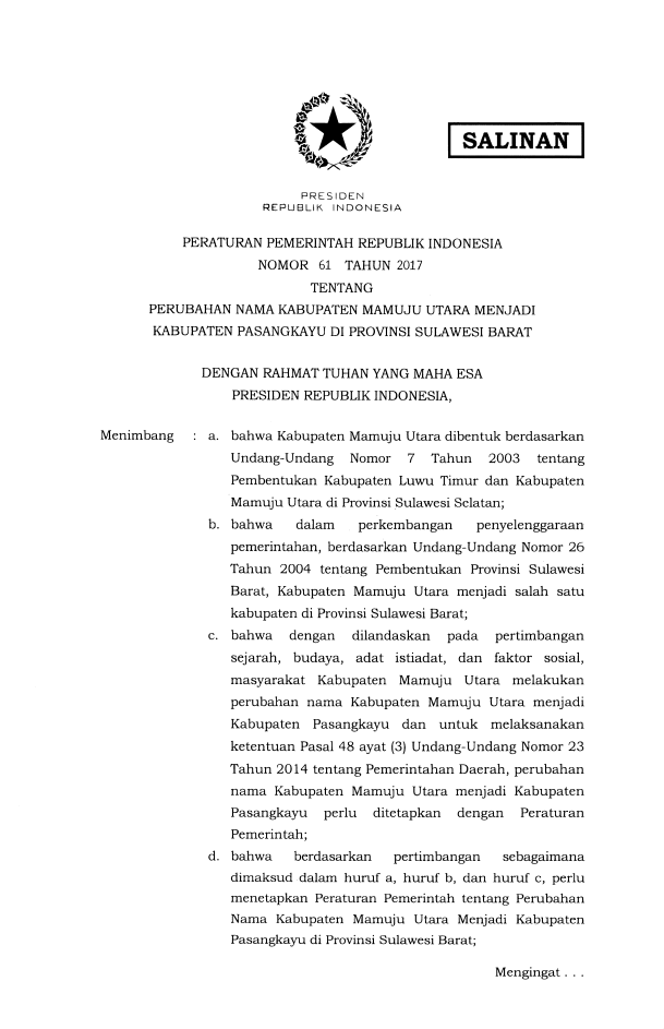 Peraturan Pemerintah Nomor 61 Tahun 2017