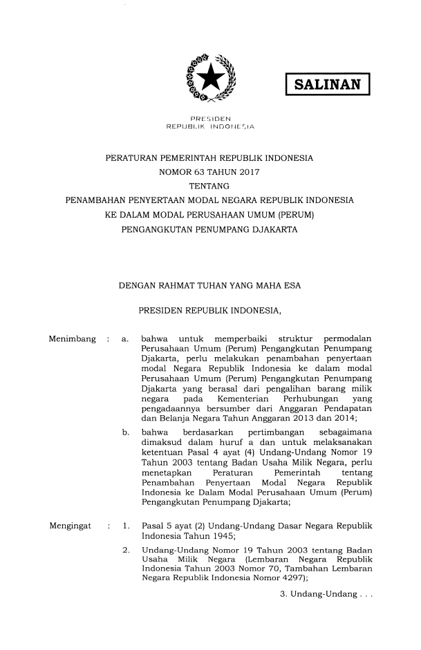 Peraturan Pemerintah Nomor 63 Tahun 2017