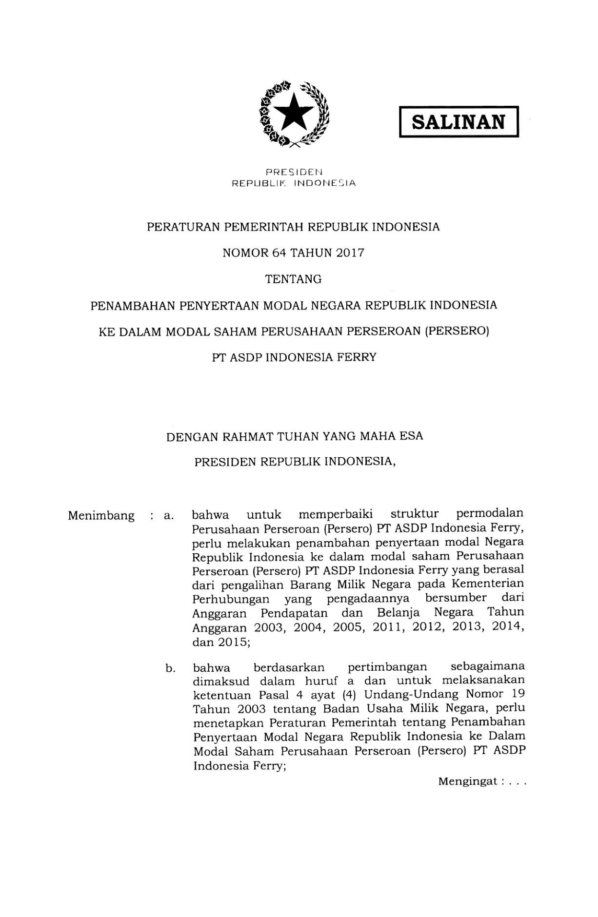 Peraturan Pemerintah Nomor 64 Tahun 2017