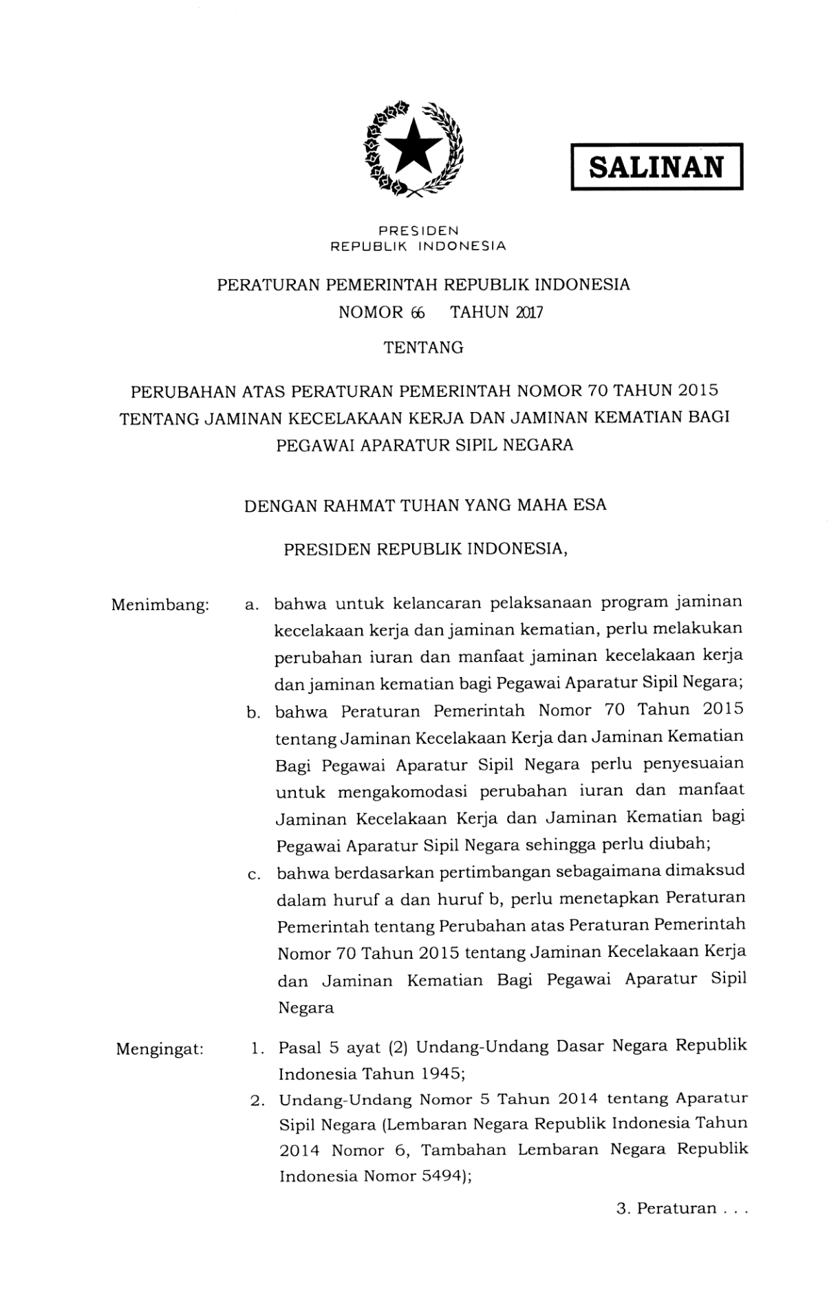 Peraturan Pemerintah Nomor 66 Tahun 2017