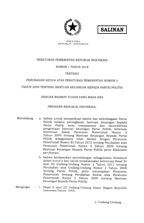 Peraturan Pemerintah Nomor 1 Tahun 2018