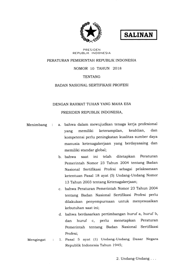 Peraturan Pemerintah Nomor 10 Tahun 2018