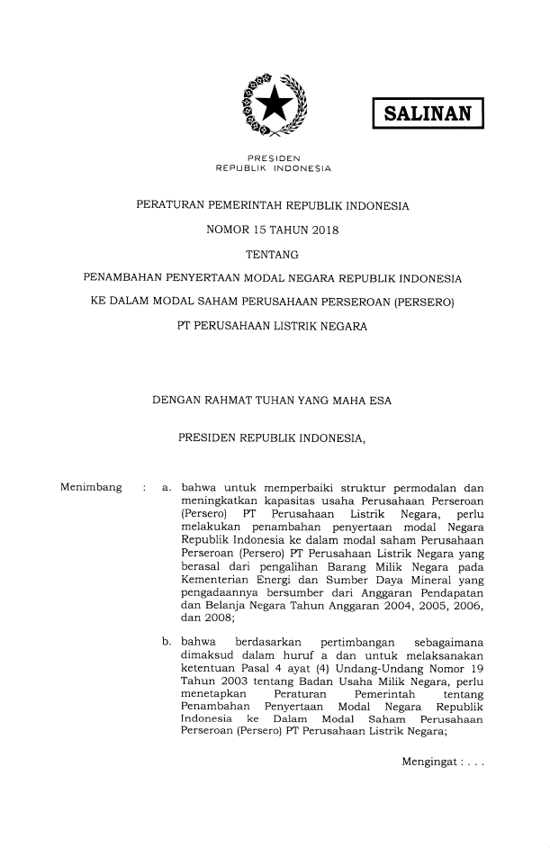 Peraturan Pemerintah Nomor 15 Tahun 2018