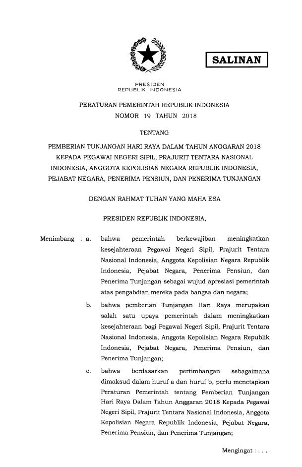 Peraturan Pemerintah Nomor 19 Tahun 2018