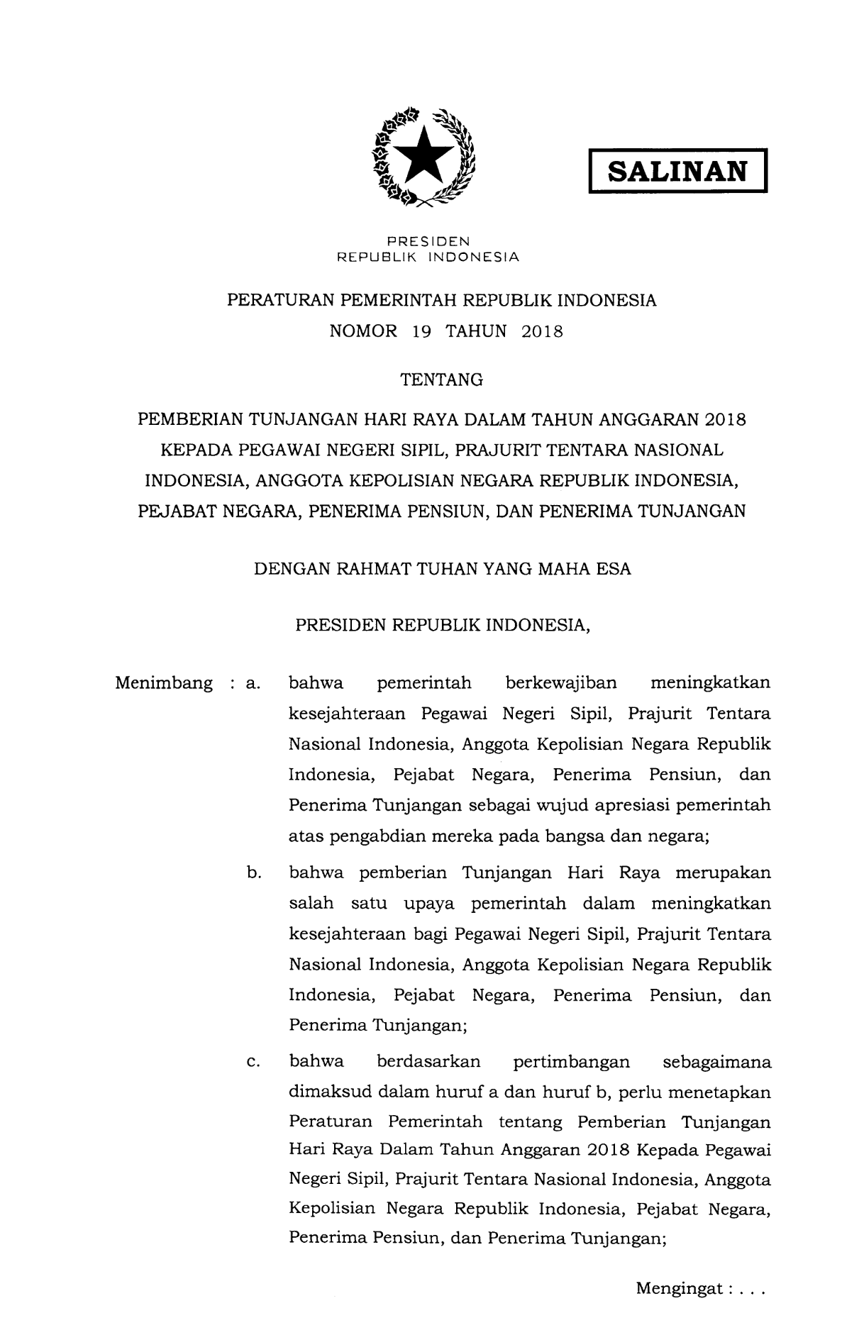 Peraturan Pemerintah Nomor 19 Tahun 2018