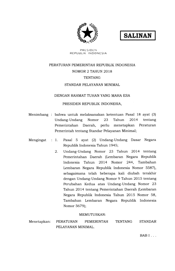 Peraturan Pemerintah Nomor 2 Tahun 2018