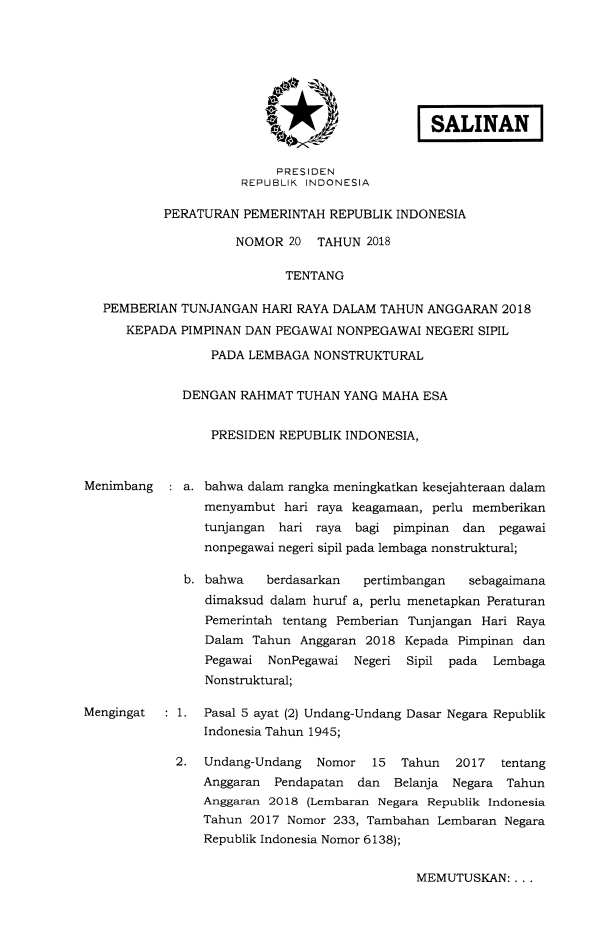 Peraturan Pemerintah Nomor 20 Tahun 2018