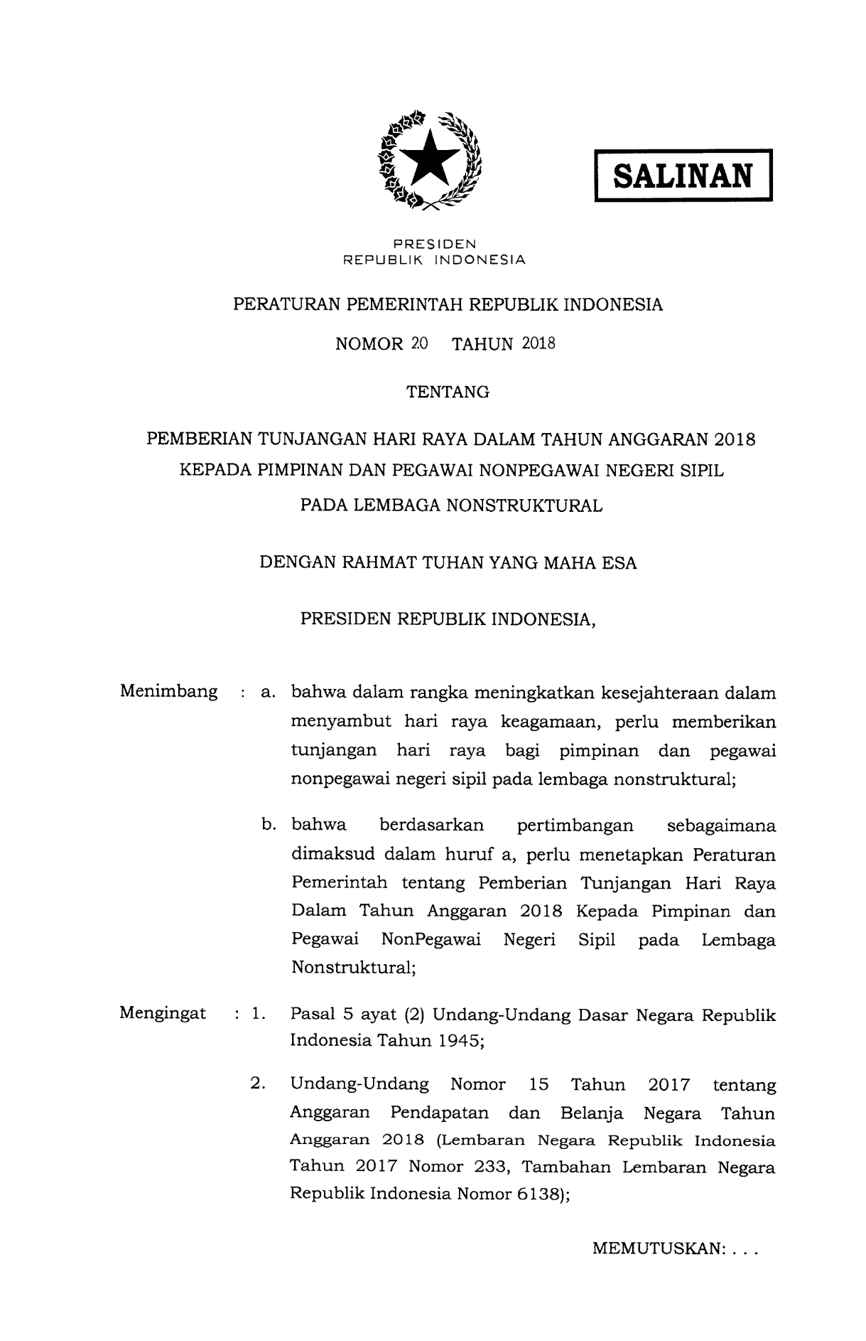 Peraturan Pemerintah Nomor 20 Tahun 2018