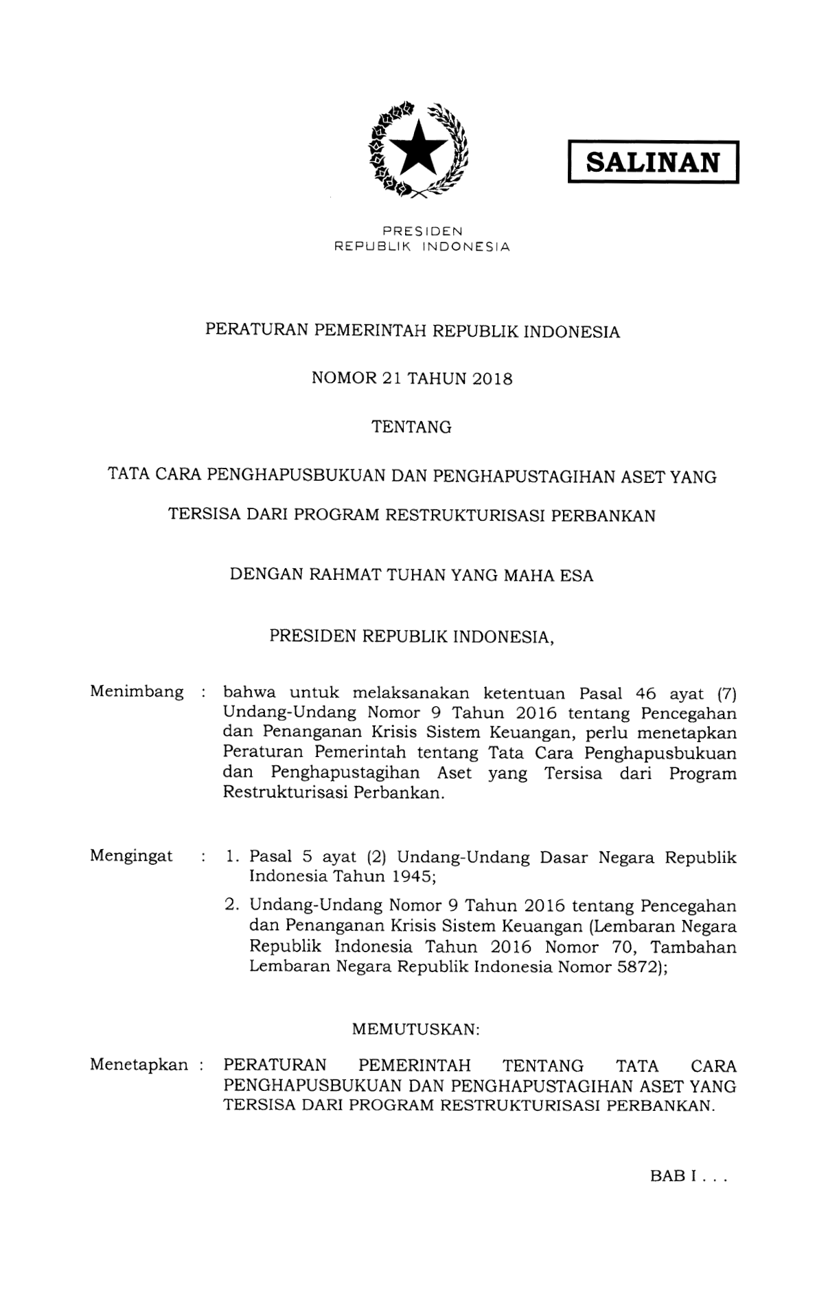 Peraturan Pemerintah Nomor 21 Tahun 2018