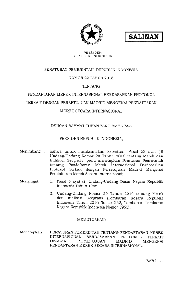 Peraturan Pemerintah Nomor 22 Tahun 2018