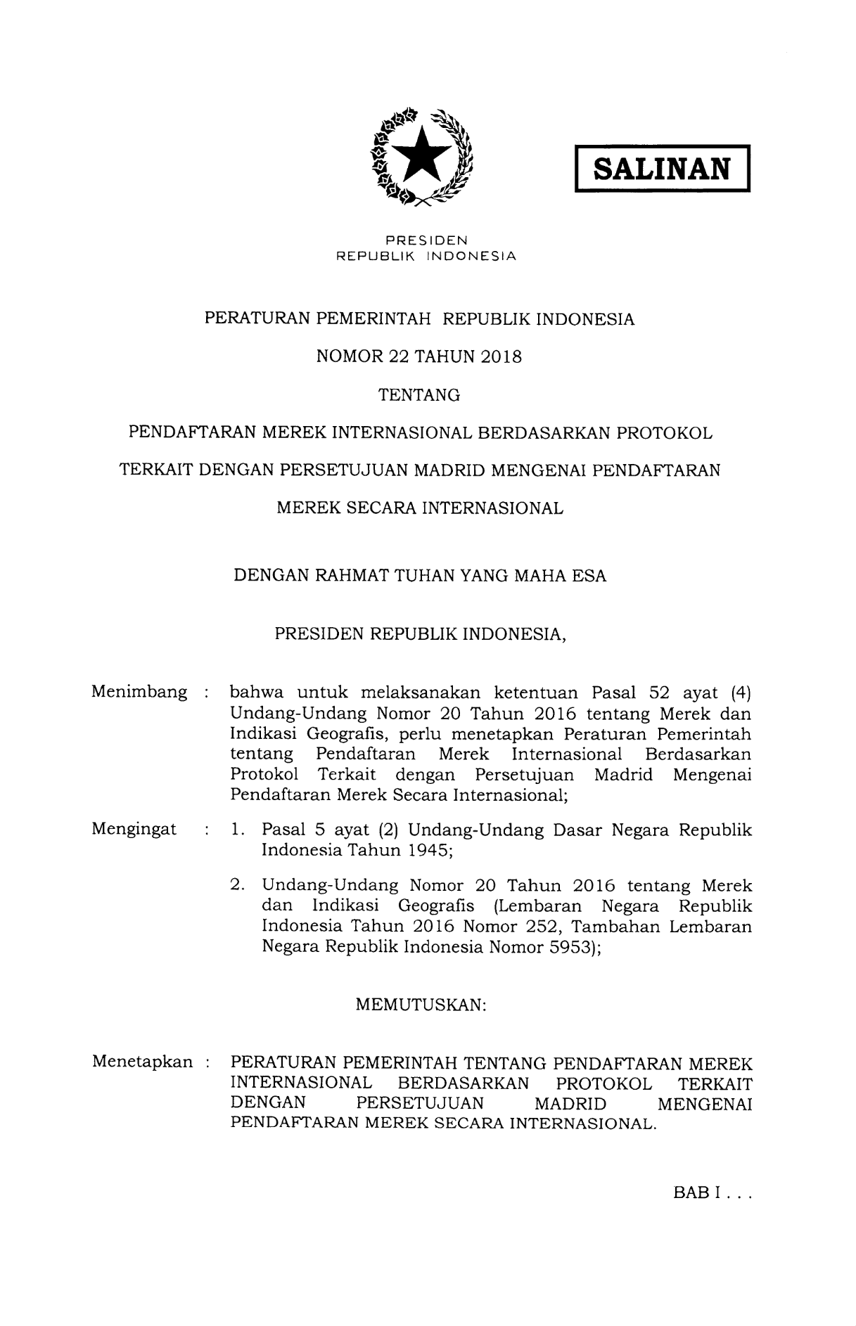 Peraturan Pemerintah Nomor 22 Tahun 2018