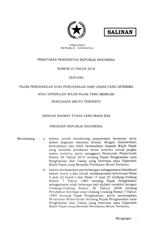 Peraturan Pemerintah Nomor 23 Tahun 2018