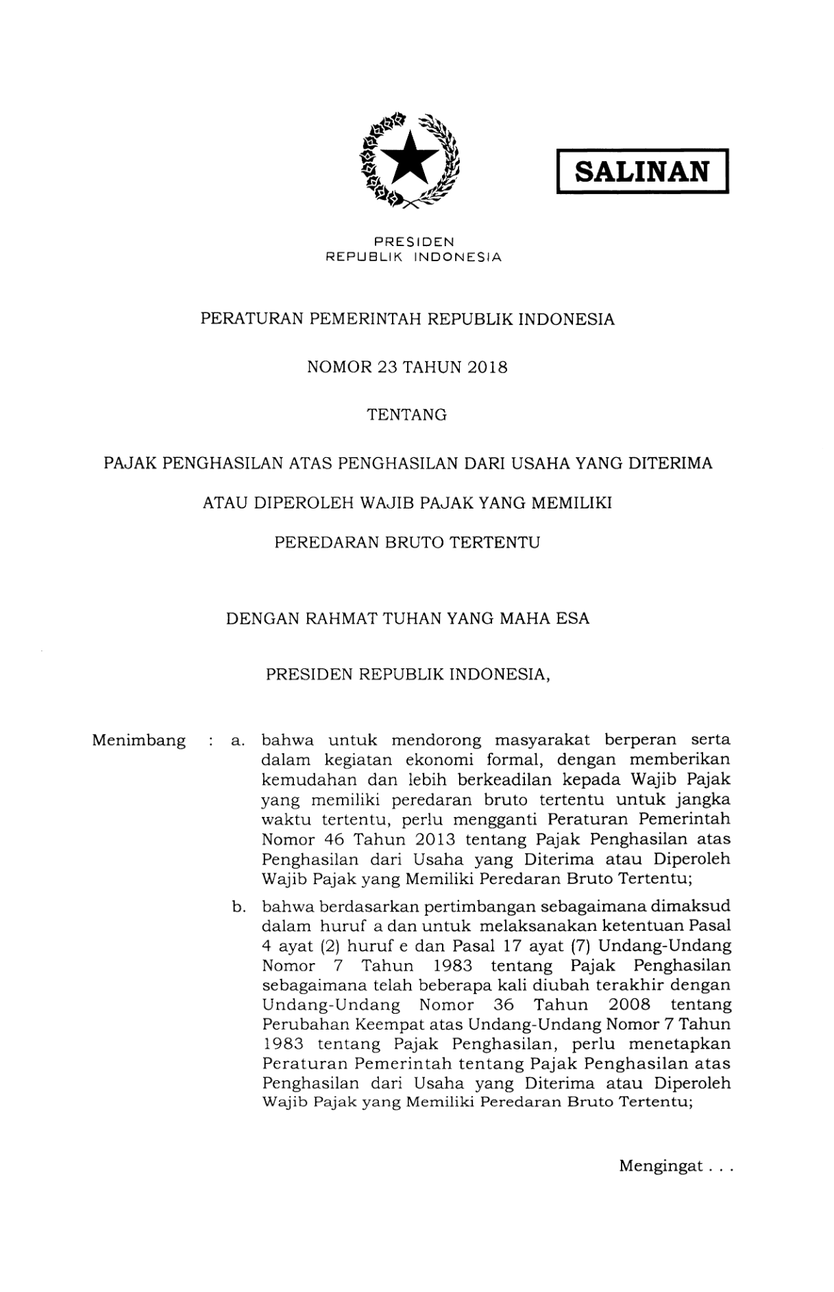 Peraturan Pemerintah Nomor 23 Tahun 2018