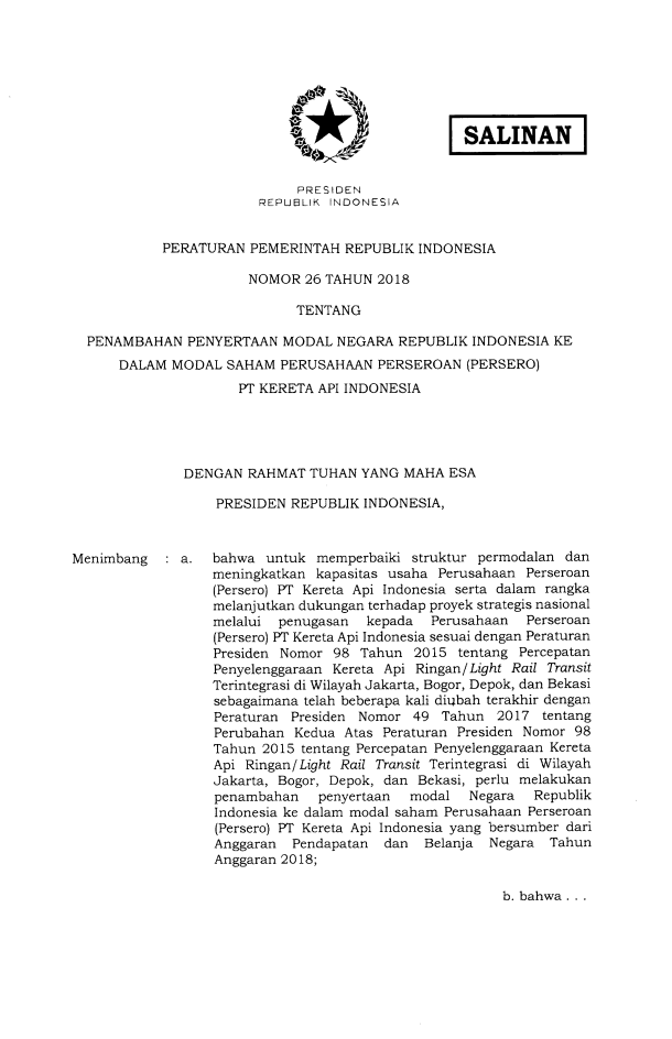 Peraturan Pemerintah Nomor 26 Tahun 2018