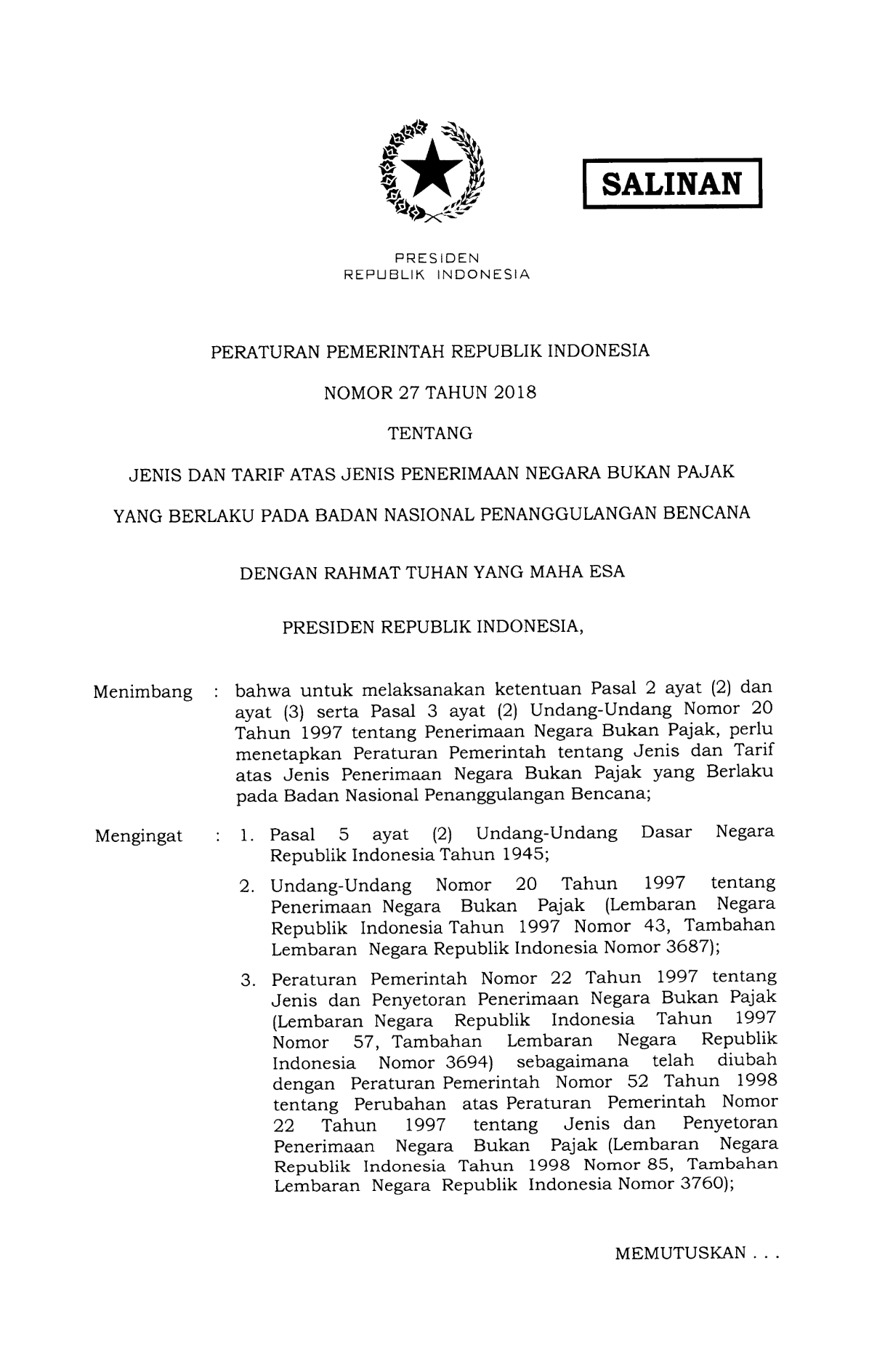 Peraturan Pemerintah Nomor 27 Tahun 2018