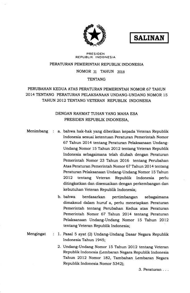 Peraturan Pemerintah Nomor 31 Tahun 2018