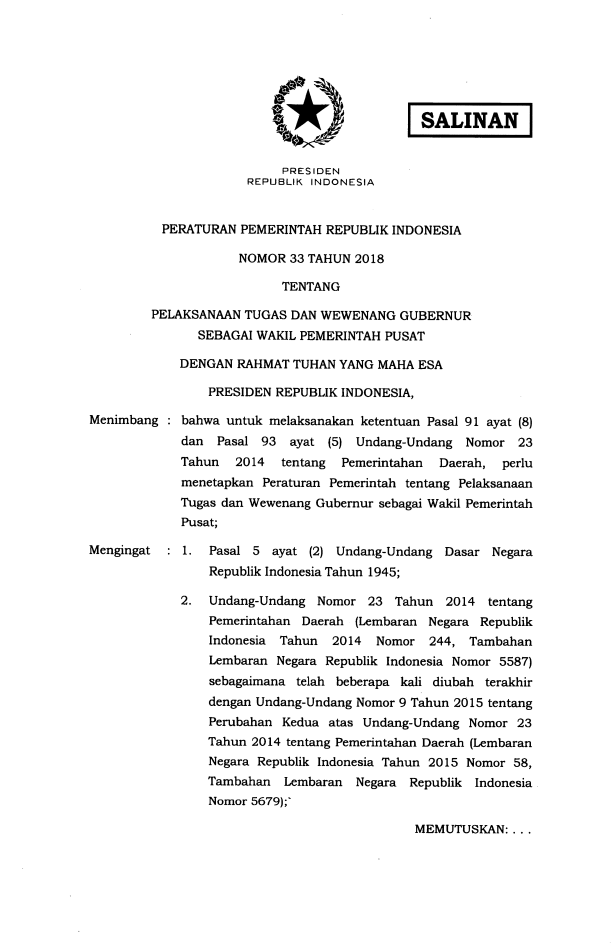 Peraturan Pemerintah Nomor 33 Tahun 2018