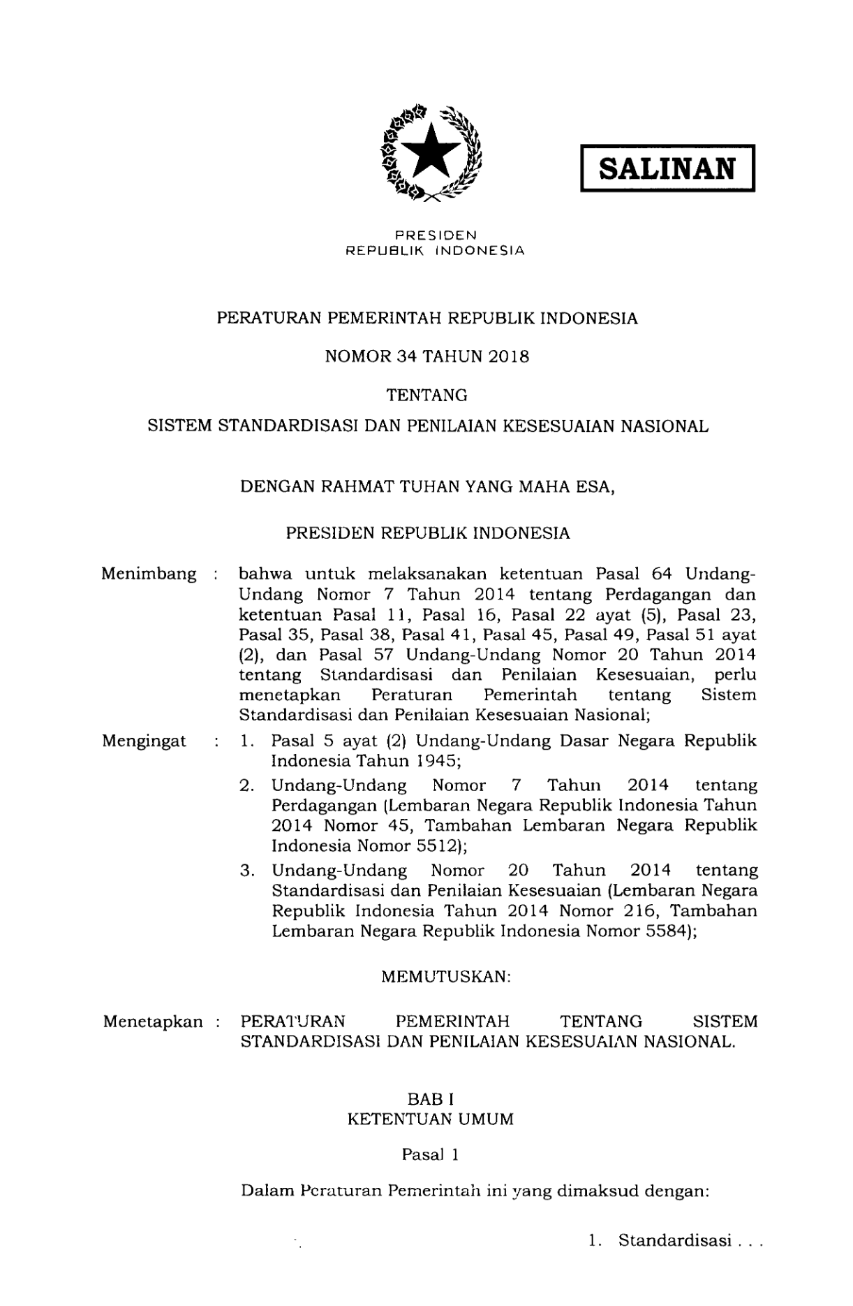 Peraturan Pemerintah Nomor 34 Tahun 2018