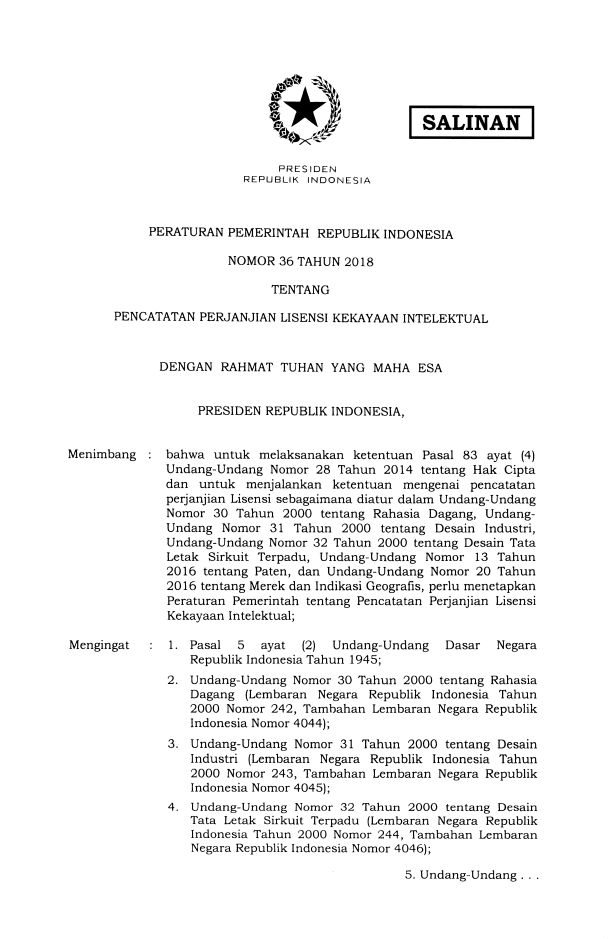 Peraturan Pemerintah Nomor 36 Tahun 2018