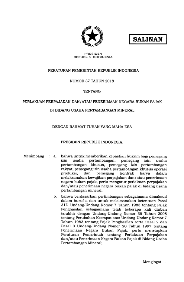 Peraturan Pemerintah Nomor 37 Tahun 2018