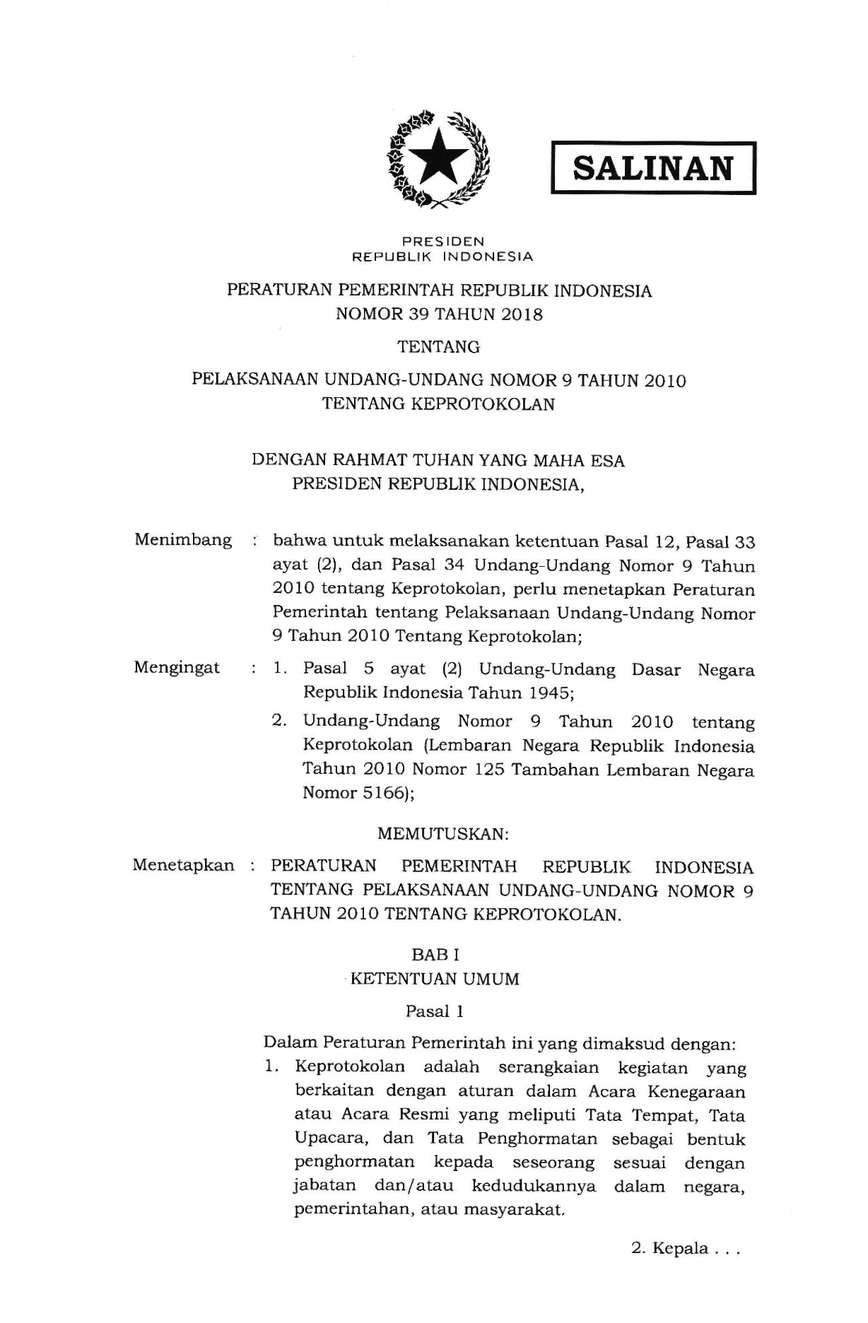 Peraturan Pemerintah Nomor 39 Tahun 2018