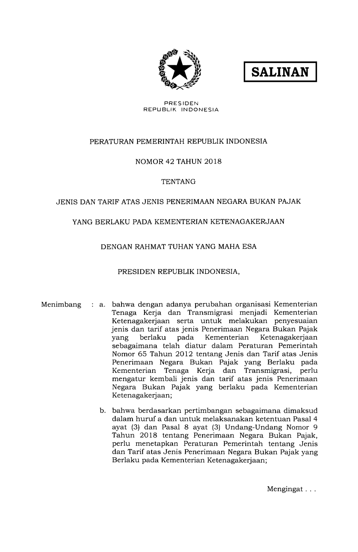 Peraturan Pemerintah Nomor 42 Tahun 2018