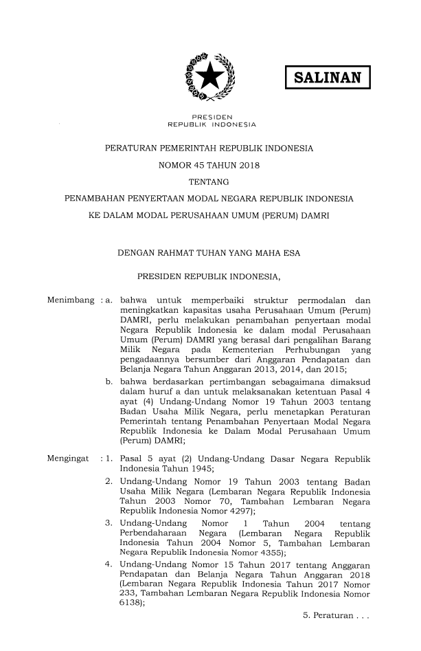 Peraturan Pemerintah Nomor 45 Tahun 2018