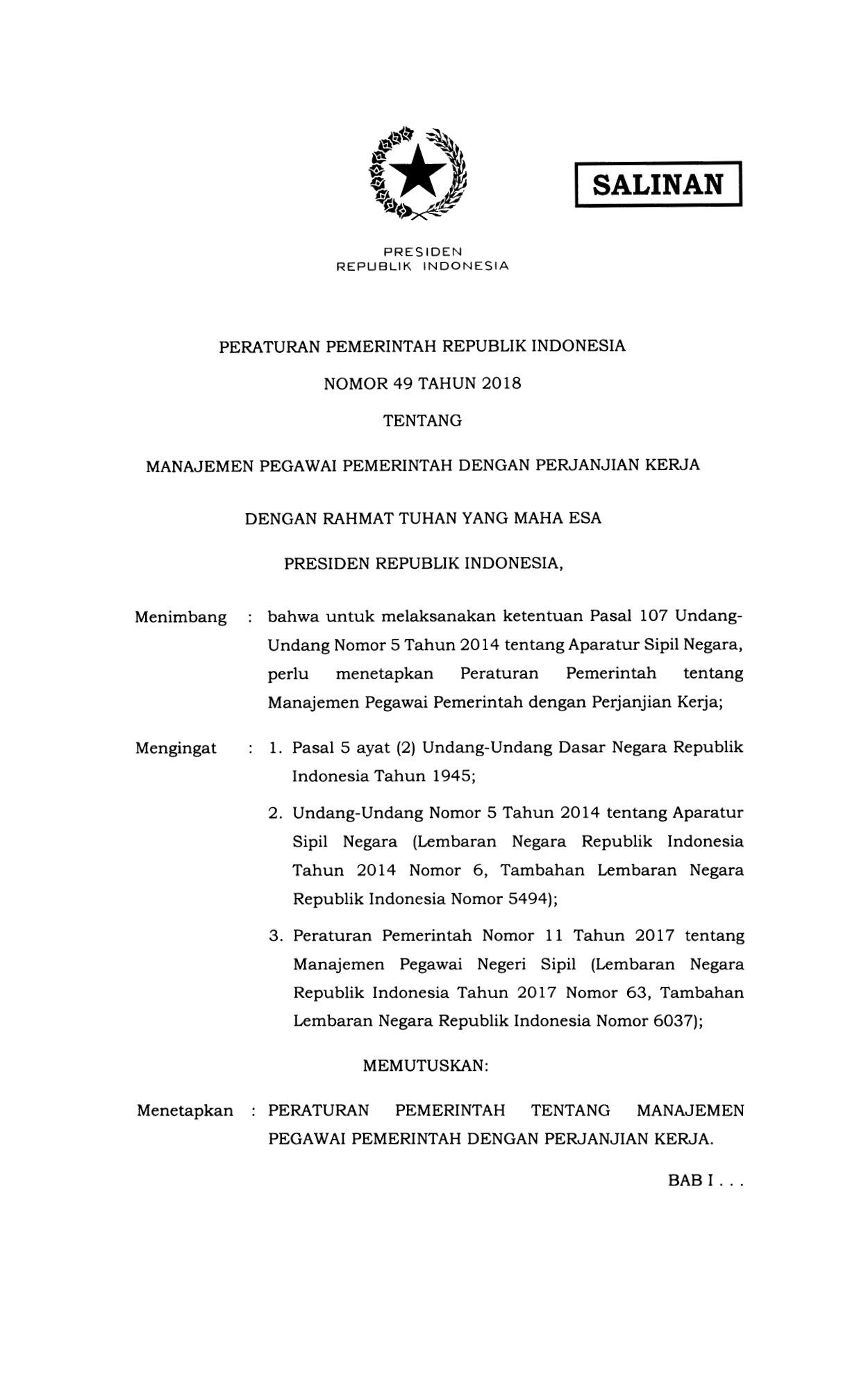 Peraturan Pemerintah Nomor 49 Tahun 2018