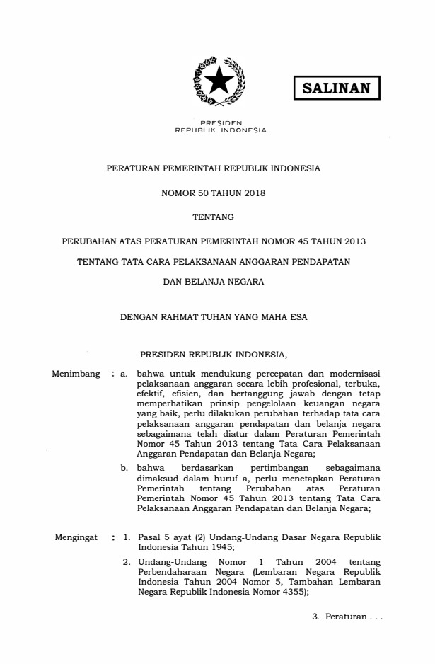 Peraturan Pemerintah Nomor 50 Tahun 2018