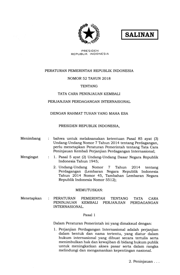 Peraturan Pemerintah Nomor 52 Tahun 2018