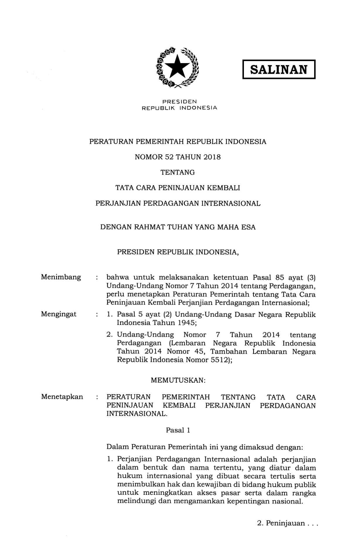 Peraturan Pemerintah Nomor 52 Tahun 2018