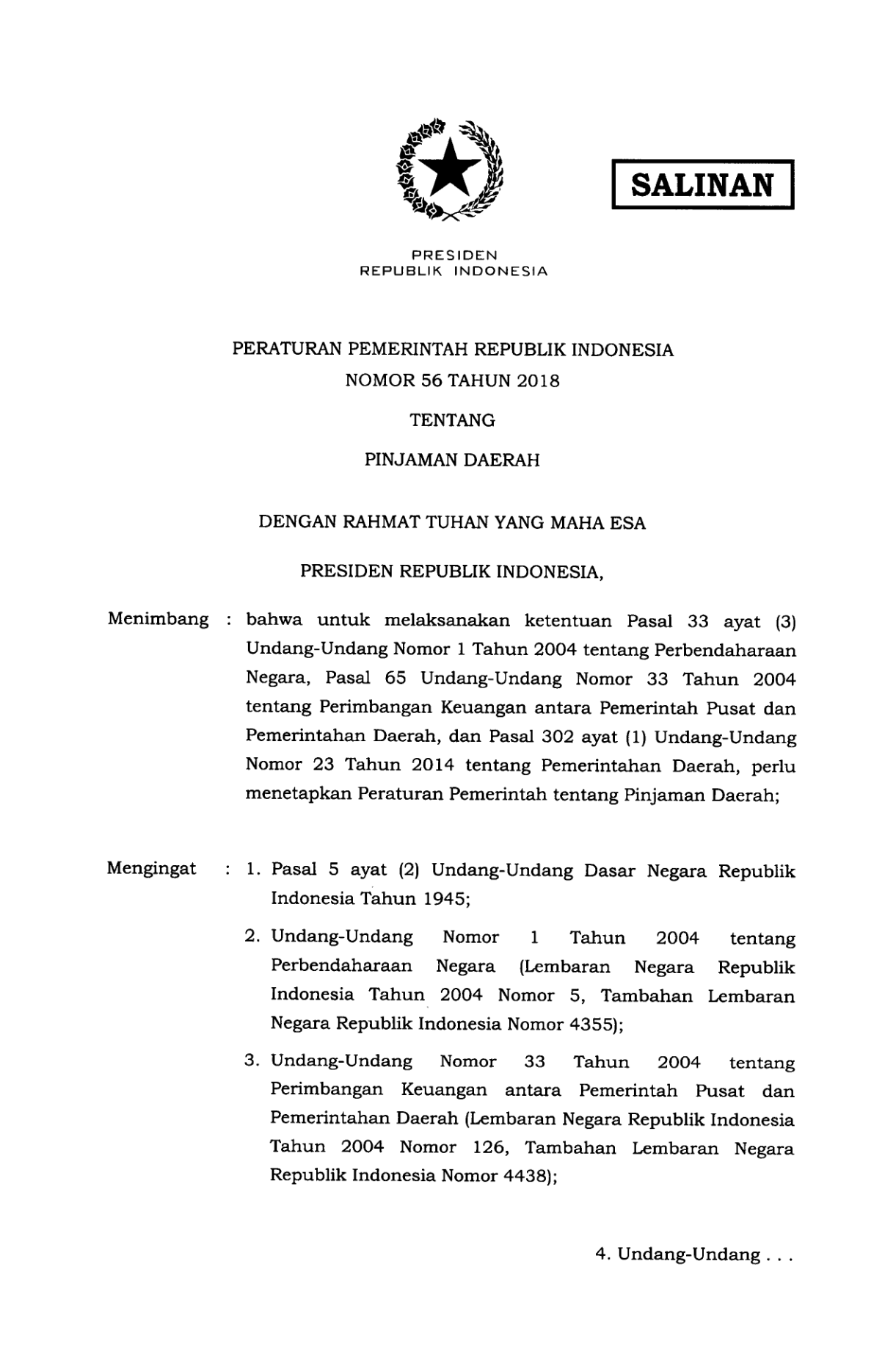Peraturan Pemerintah Nomor 56 Tahun 2018