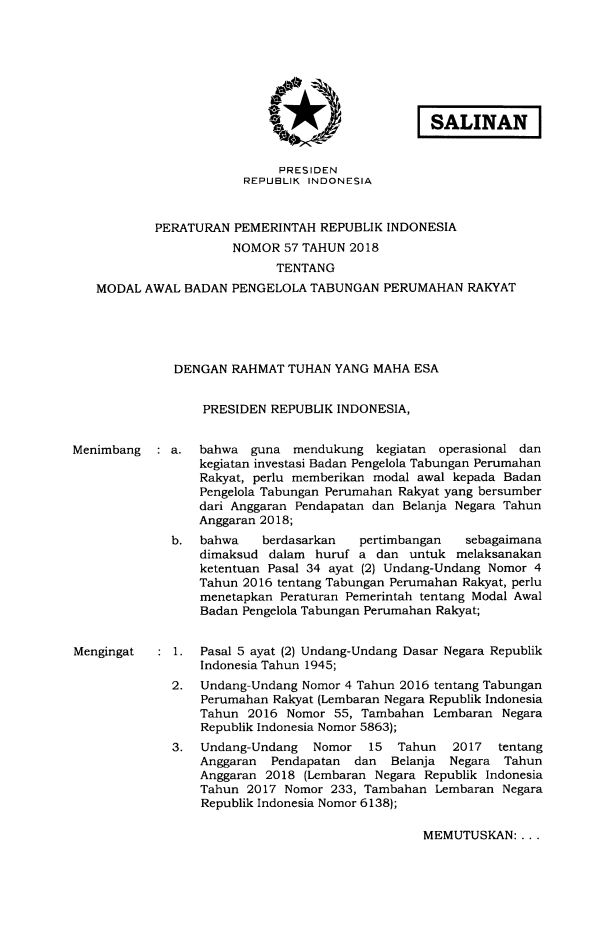 Peraturan Pemerintah Nomor 57 Tahun 2018